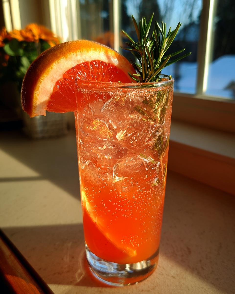 A refreshing New Year’s Eve Citrus Sparkler Mocktail with ice, grapefruit slice, and rosemary garnish.
