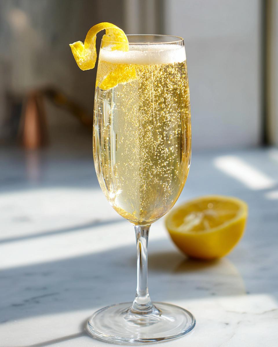 A bubbly New Year’s Eve Elderflower Champagne Fizz cocktail garnished with a lemon twist and a lemon half in the background.