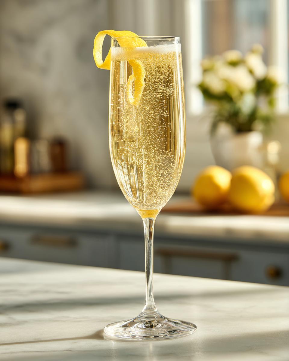 A tall flute glass filled with bubbly New Year’s Eve Elderflower Champagne Fizz, garnished with a lemon twist.