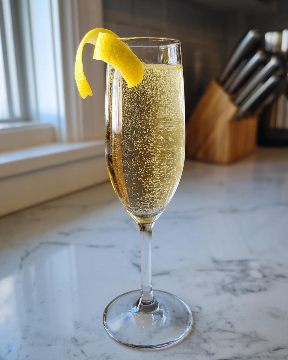 A tall glass of New Year’s Eve Elderflower Champagne Fizz cocktail, garnished with a lemon twist and filled with effervescent bubbles.