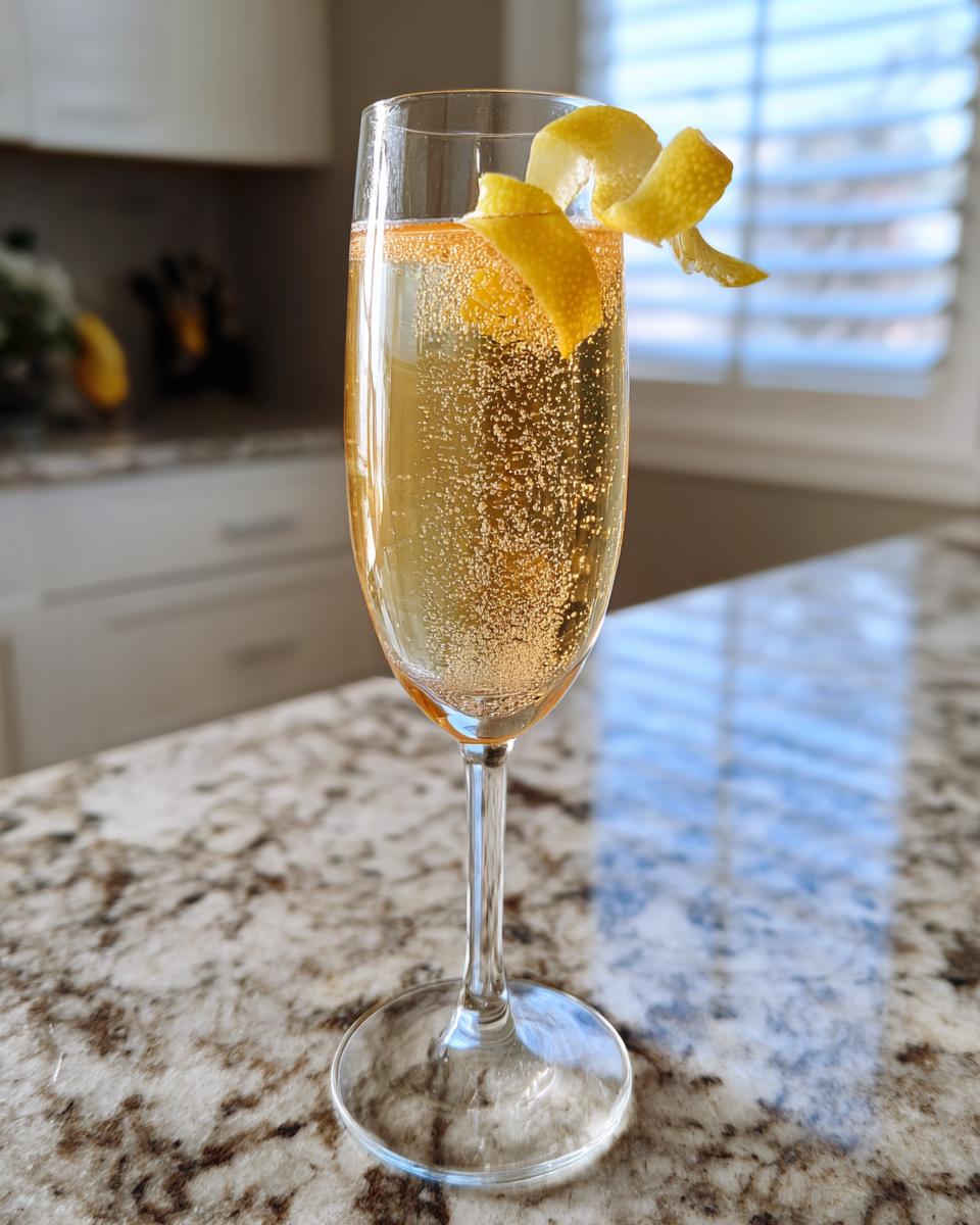 A New Year's Eve French 75 cocktail in a champagne flute, garnished with a lemon twist.