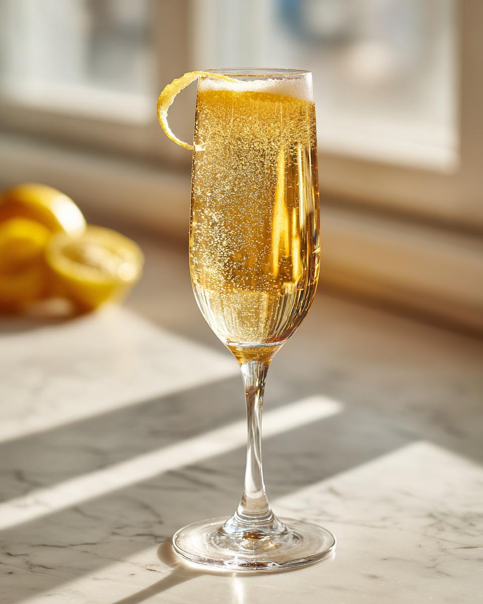 A close-up of a New Year's Eve French 75 cocktail in a champagne flute, garnished with a lemon twist.