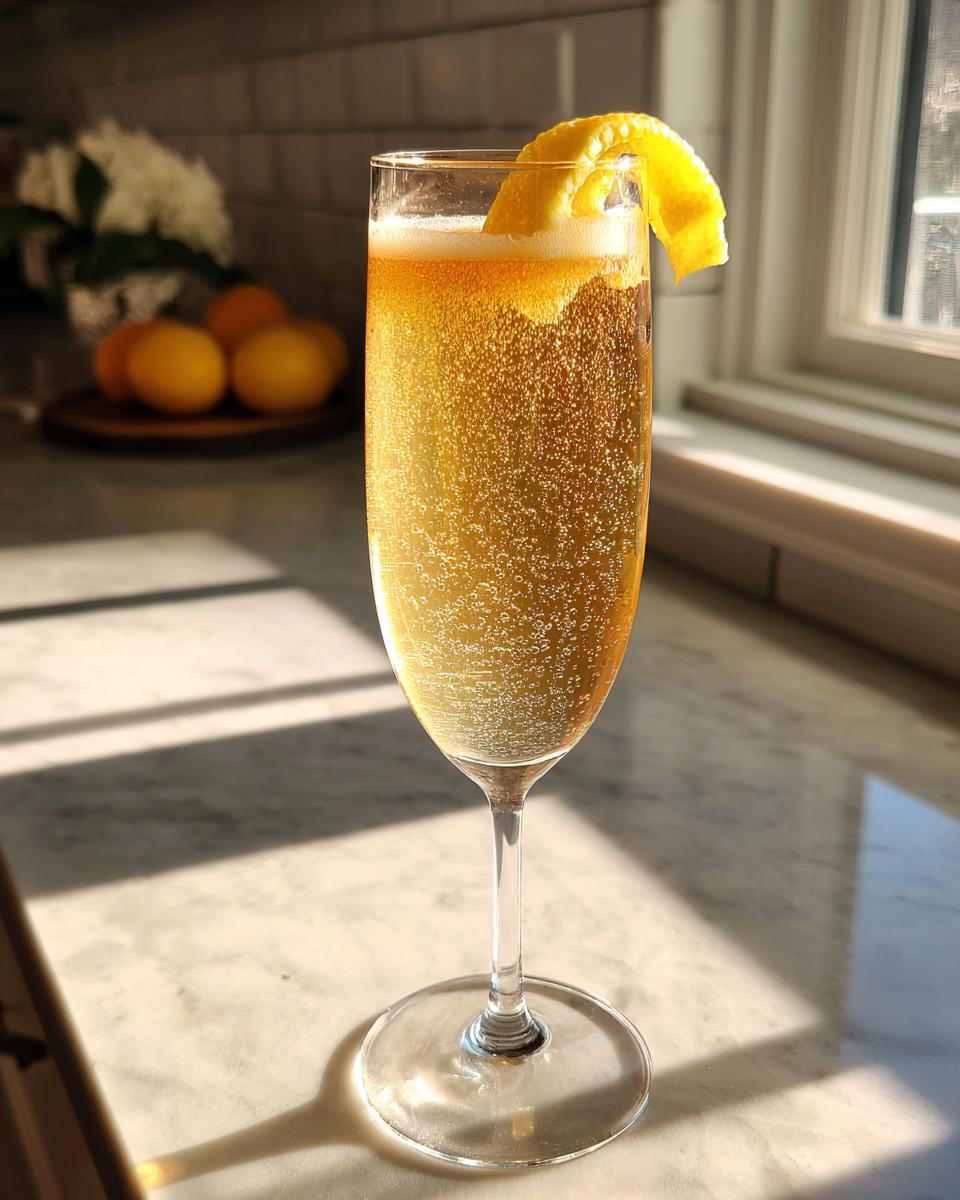 A New Year's Eve French 75 cocktail in a champagne flute, garnished with a lemon twist.