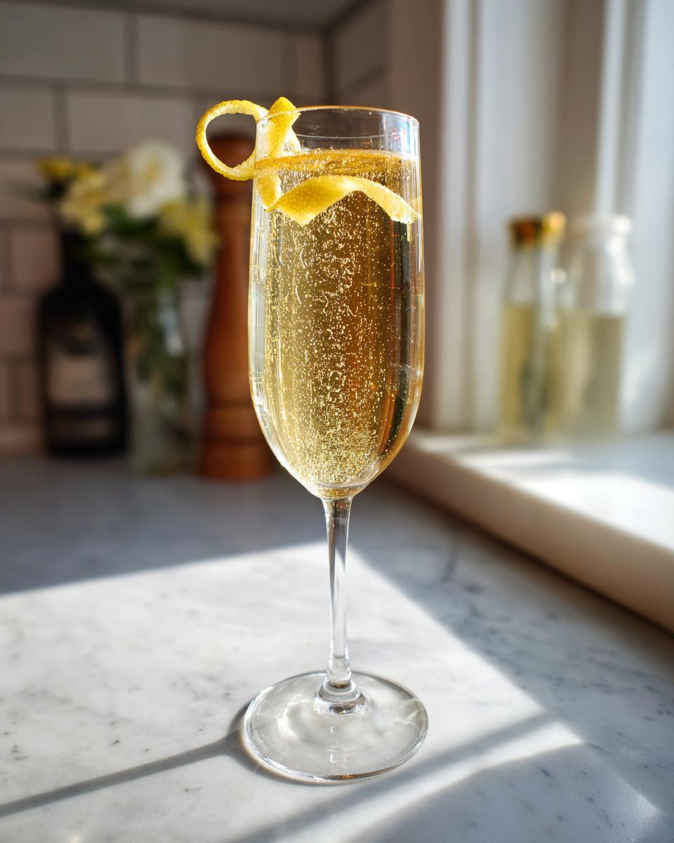 A sparkling New Year's Eve French 75 cocktail in a champagne flute, garnished with a lemon twist.