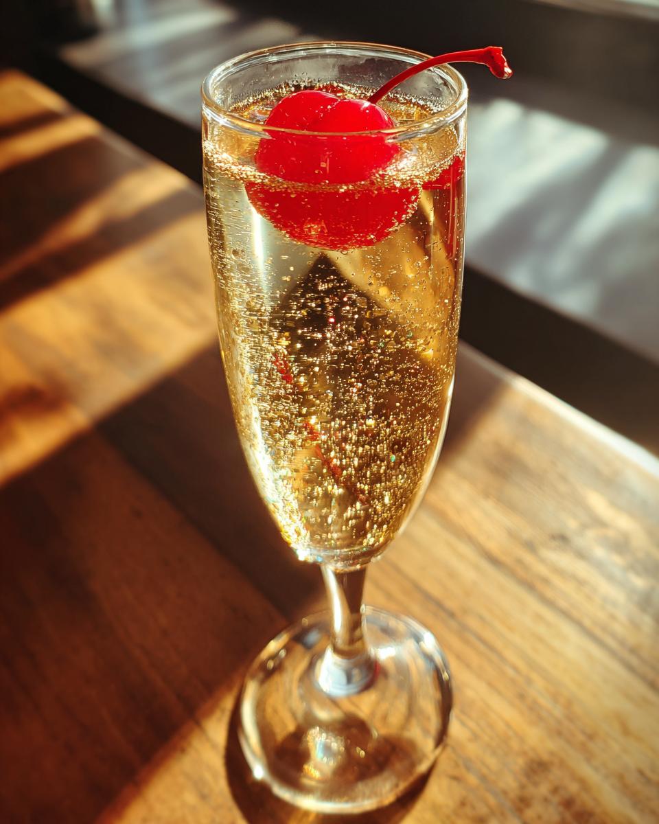 A glass of New Year’s Eve Gold Rush Champagne, sparkling and topped with a bright red cherry.