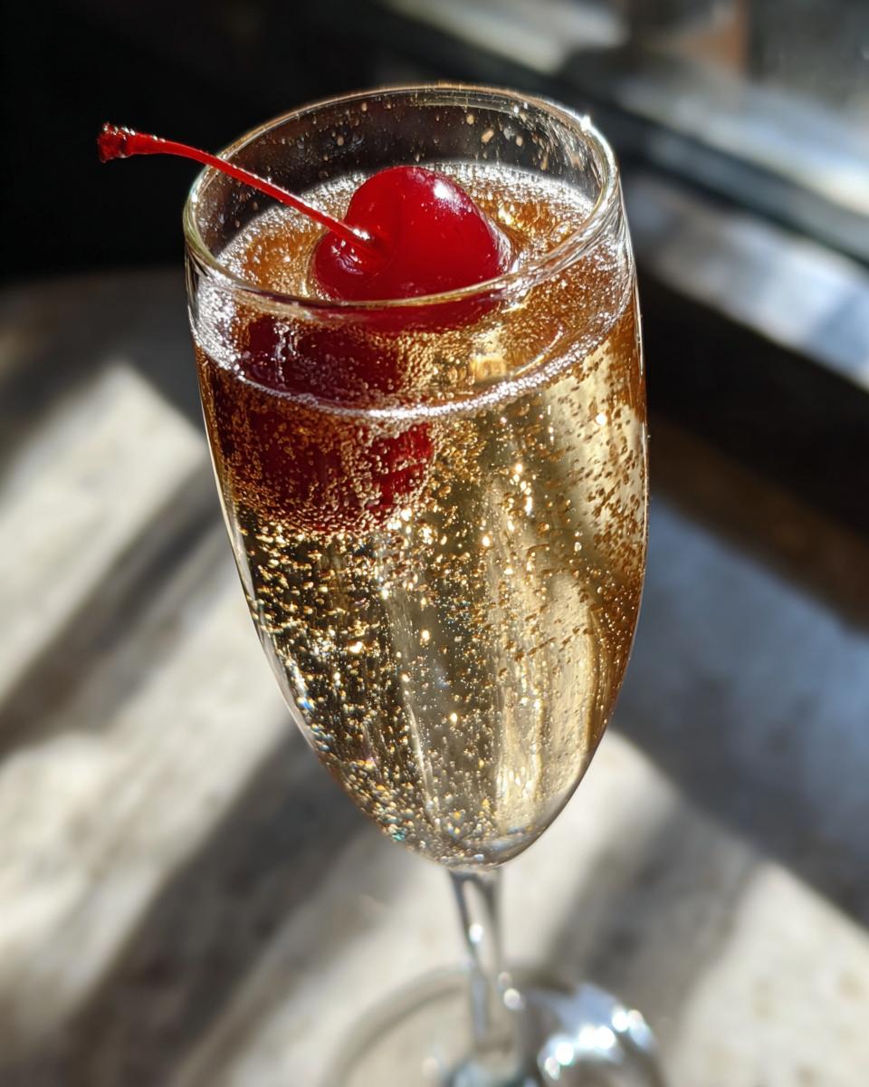 A close-up of a New Year’s Eve Gold Rush Champagne cocktail garnished with a maraschino cherry.