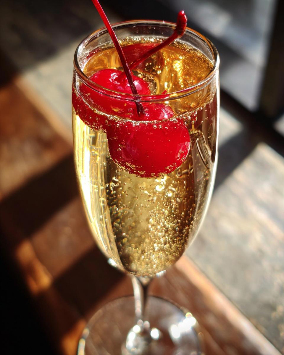 A close-up of a New Year’s Eve Gold Rush Champagne cocktail garnished with two maraschino cherries.