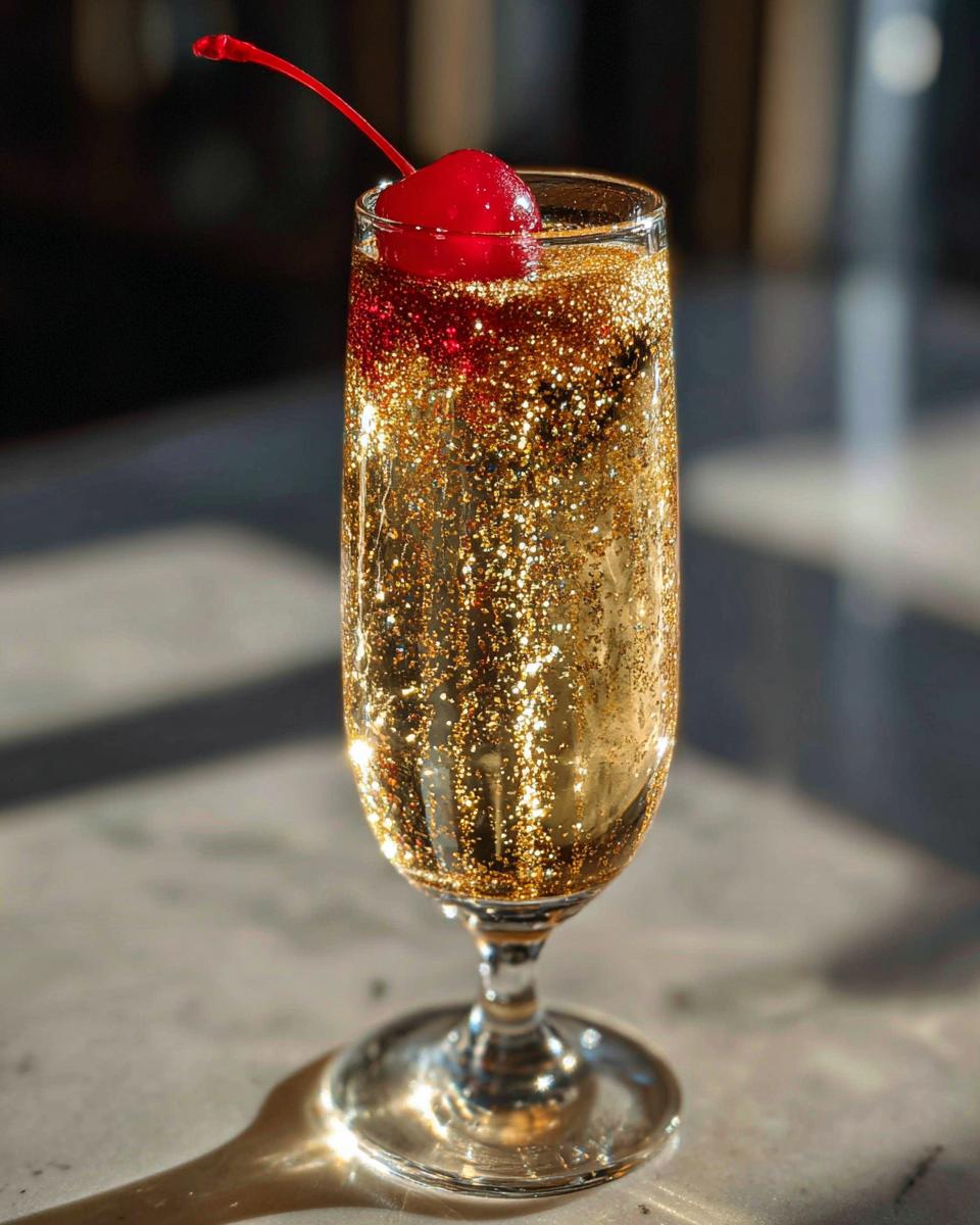 A festive New Year’s Eve Gold Rush Champagne cocktail topped with a cherry and shimmering gold edible glitter.