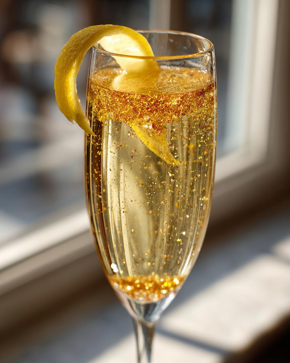 A festive New Year’s Eve Golden Glitter Champagne Cocktail with a lemon twist and edible gold glitter.