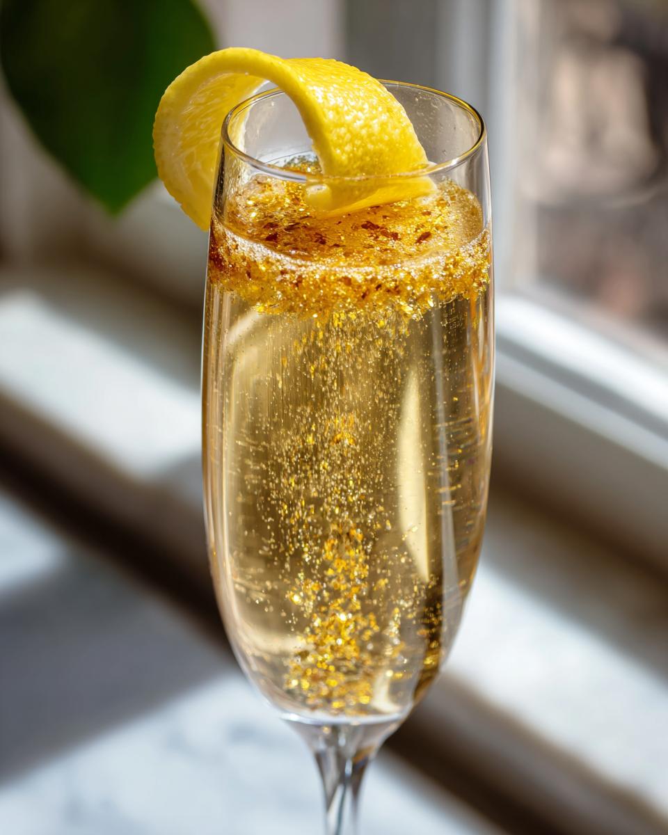 A New Year’s Eve Golden Glitter Champagne Cocktail in a flute glass, garnished with a lemon twist and shimmering with edible gold glitter.