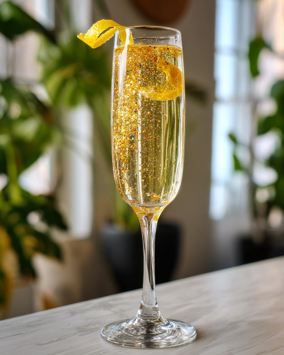 A New Year’s Eve Golden Glitter Champagne Cocktail in a flute glass, garnished with lemon peel and edible glitter.