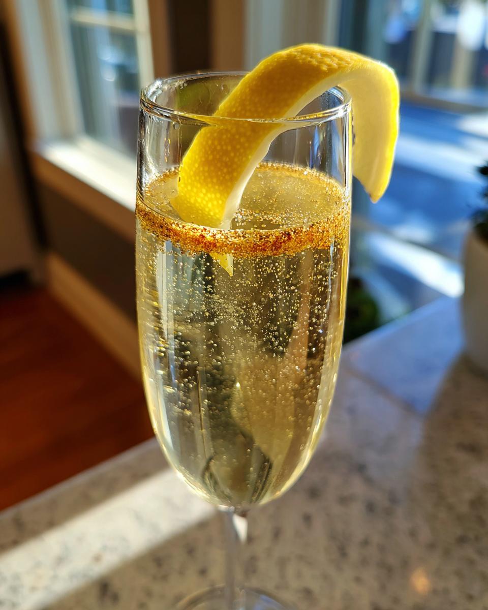 A close-up of a New Year’s Eve Golden Glitter Champagne Cocktail in a flute, garnished with a lemon twist and a glitter rim.