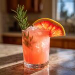 A refreshing New Year’s Eve Grapefruit Rosemary Gin Fizz cocktail garnished with a grapefruit slice and rosemary sprig.