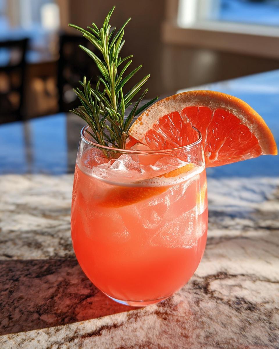 A refreshing New Year’s Eve Grapefruit Rosemary Gin Fizz cocktail in a glass, garnished with grapefruit and rosemary.