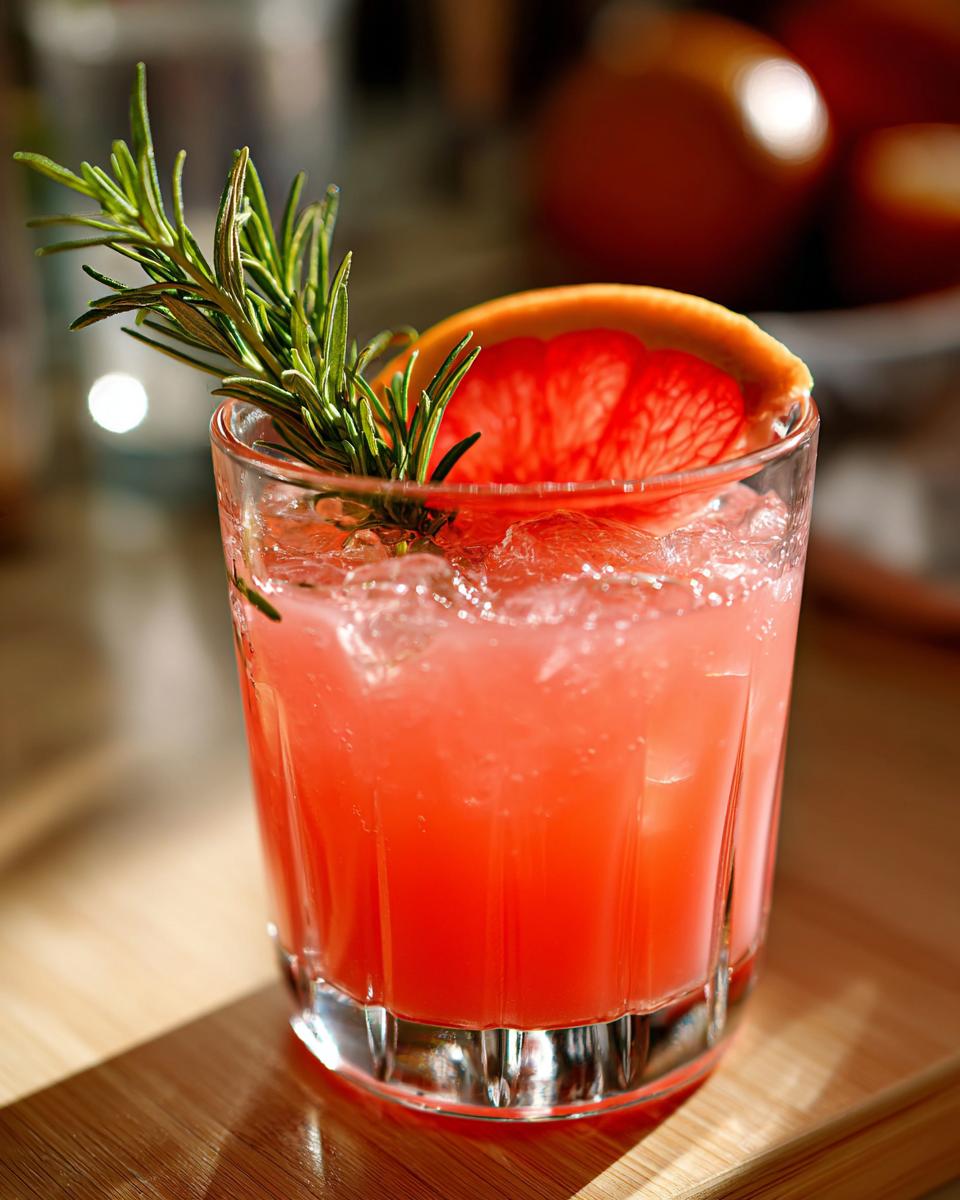 A refreshing New Year’s Eve Grapefruit Rosemary Gin Fizz cocktail in a glass, garnished with grapefruit and rosemary.