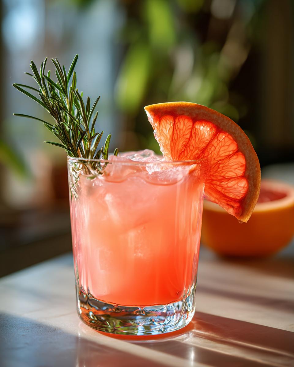 A refreshing New Year’s Eve Grapefruit Rosemary Gin Fizz cocktail garnished with a grapefruit slice and rosemary sprig.