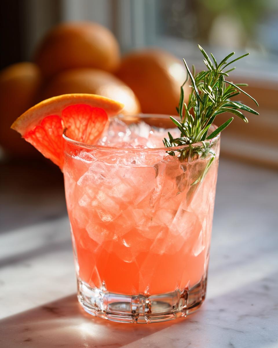 A refreshing New Year’s Eve Grapefruit Rosemary Gin Fizz cocktail in a glass with ice, garnished with grapefruit and rosemary.