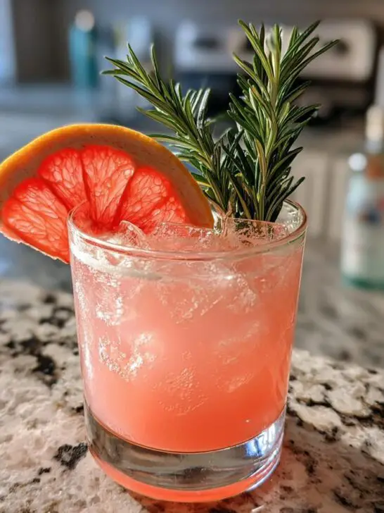 A refreshing New Year’s Eve Grapefruit Rosemary Gin Fizz cocktail garnished with a grapefruit slice and rosemary sprigs.