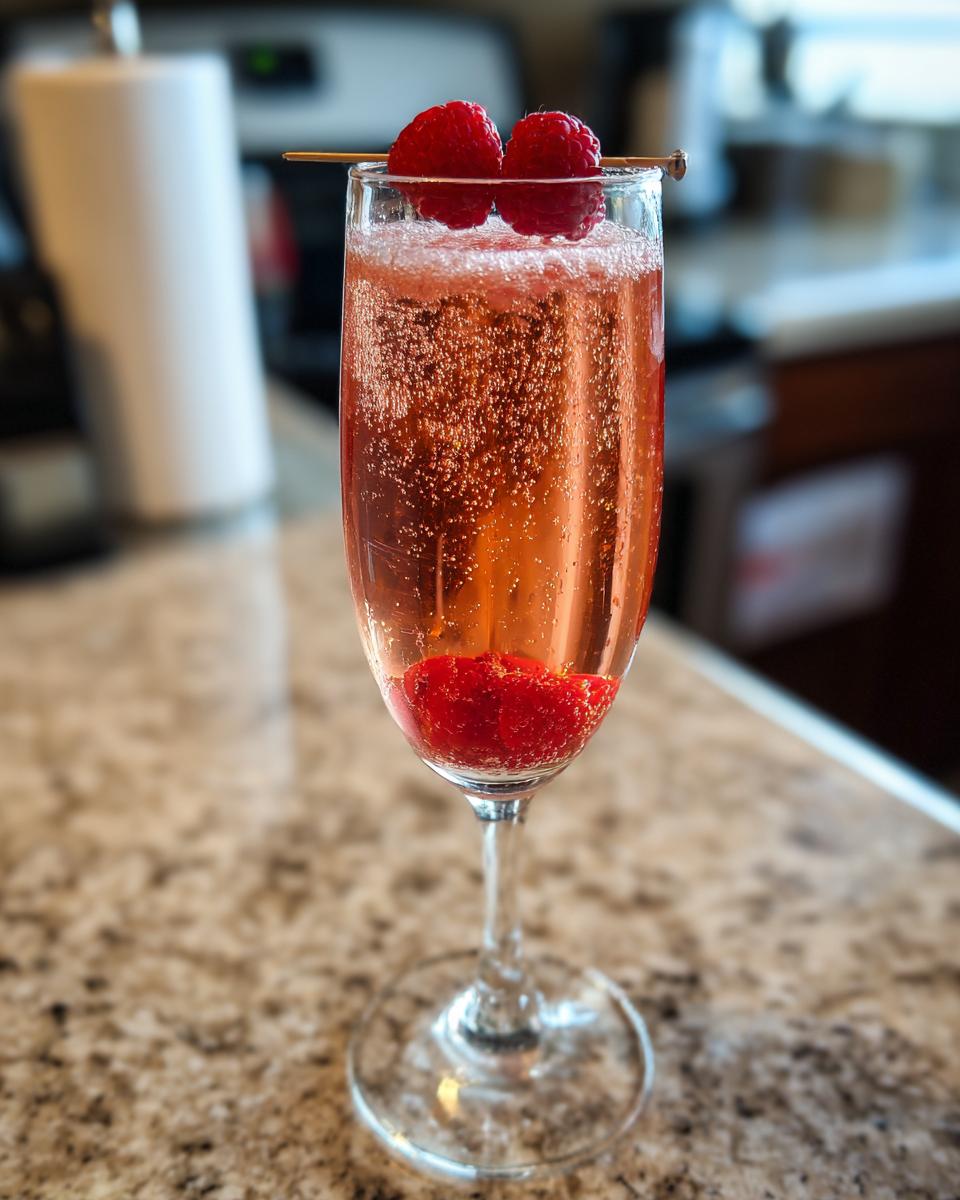 A festive New Year’s Eve Midnight Kiss Cocktail in a champagne flute, garnished with fresh raspberries.