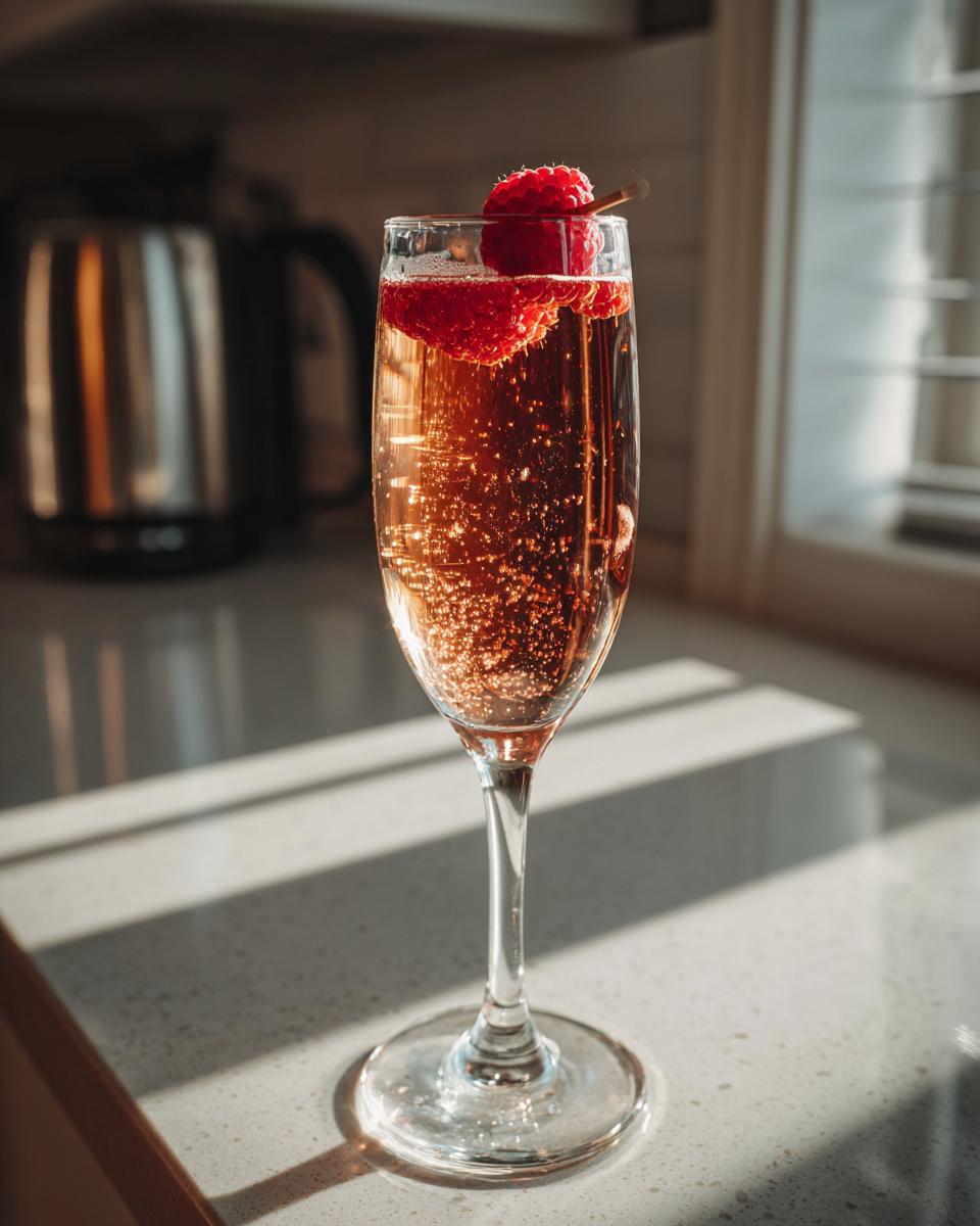 A festive New Year’s Eve Midnight Kiss Cocktail in a champagne flute, garnished with fresh raspberries and bubbles.