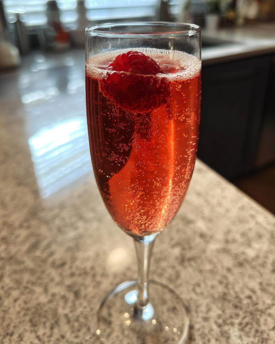 A close-up of a New Year’s Eve Midnight Kiss Cocktail in a champagne flute, garnished with a fresh raspberry.