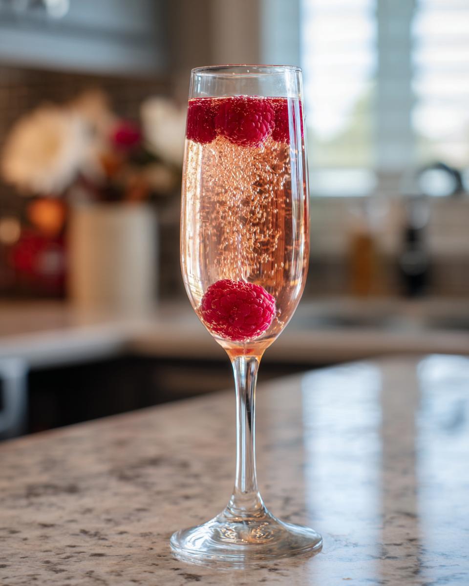 A close-up of a New Year’s Eve Midnight Kiss Cocktail in a champagne flute, garnished with fresh raspberries and sparkling bubbles.