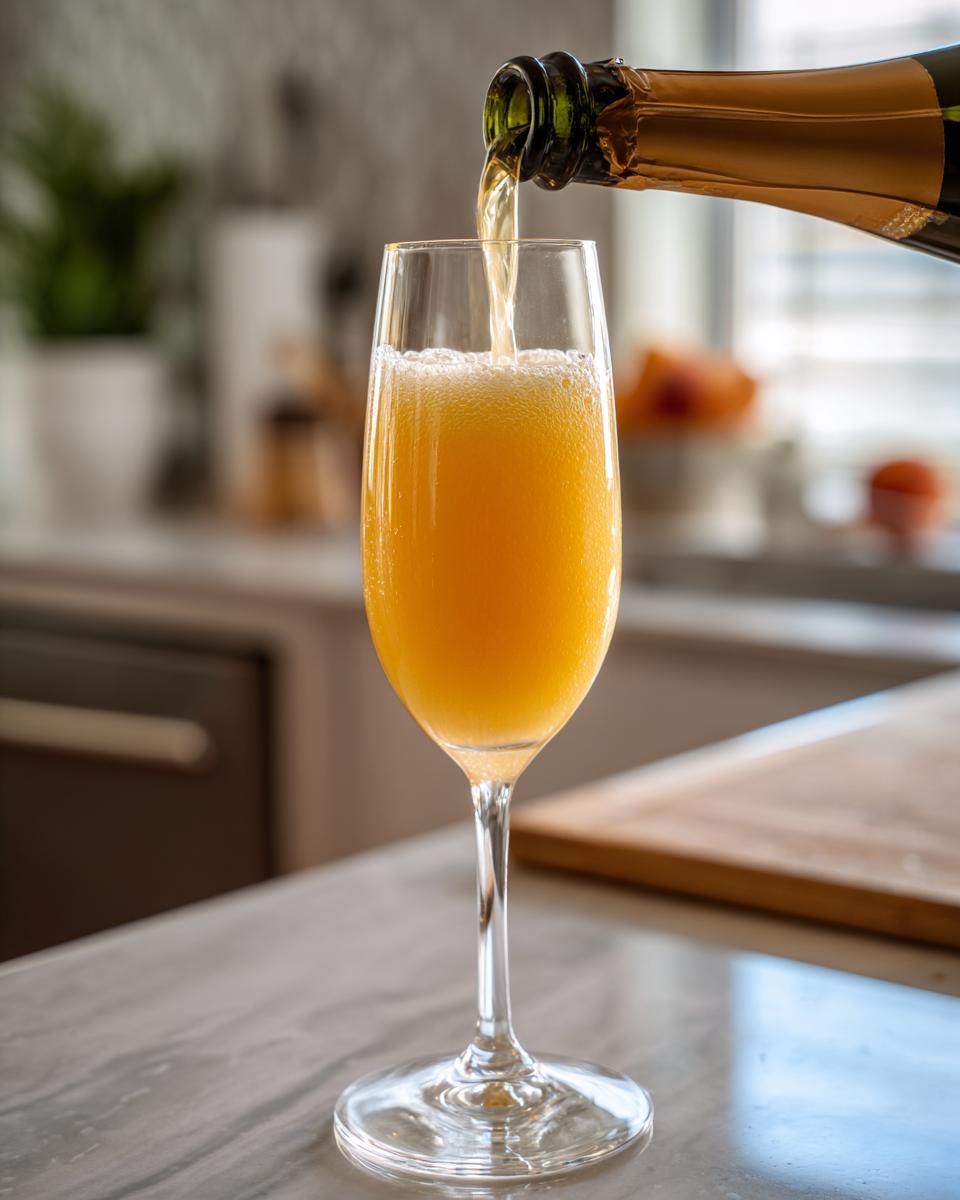 Pouring bubbly champagne into a glass of New Year’s Eve Peach Bellini.