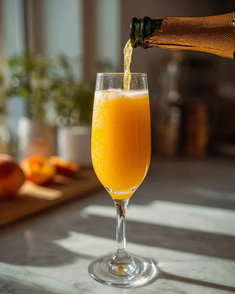Pouring a New Year's Eve Peach Bellini into a champagne flute, with peaches in the background.