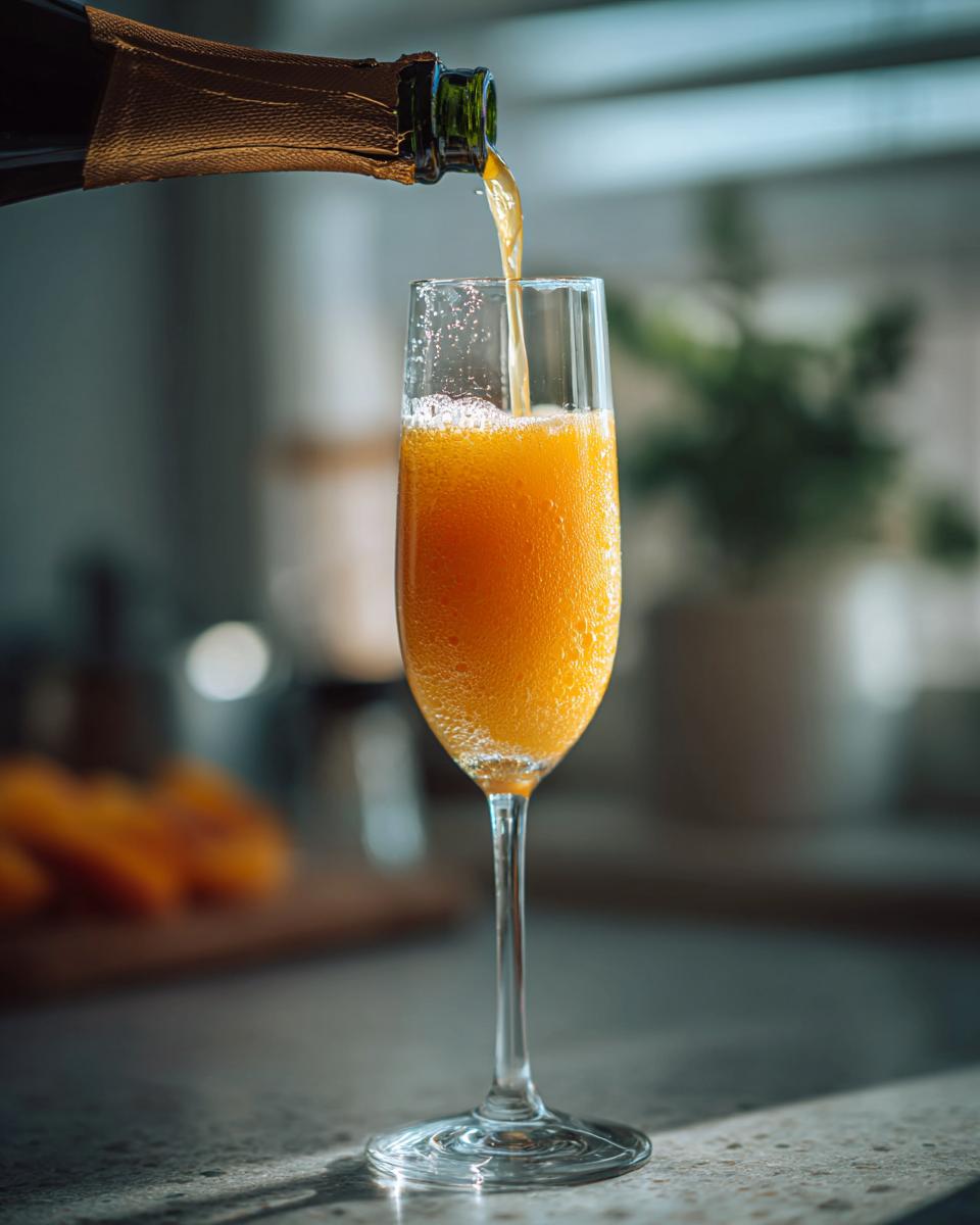 A New Year’s Eve Peach Bellini being poured into a champagne flute, creating a bubbly orange drink.