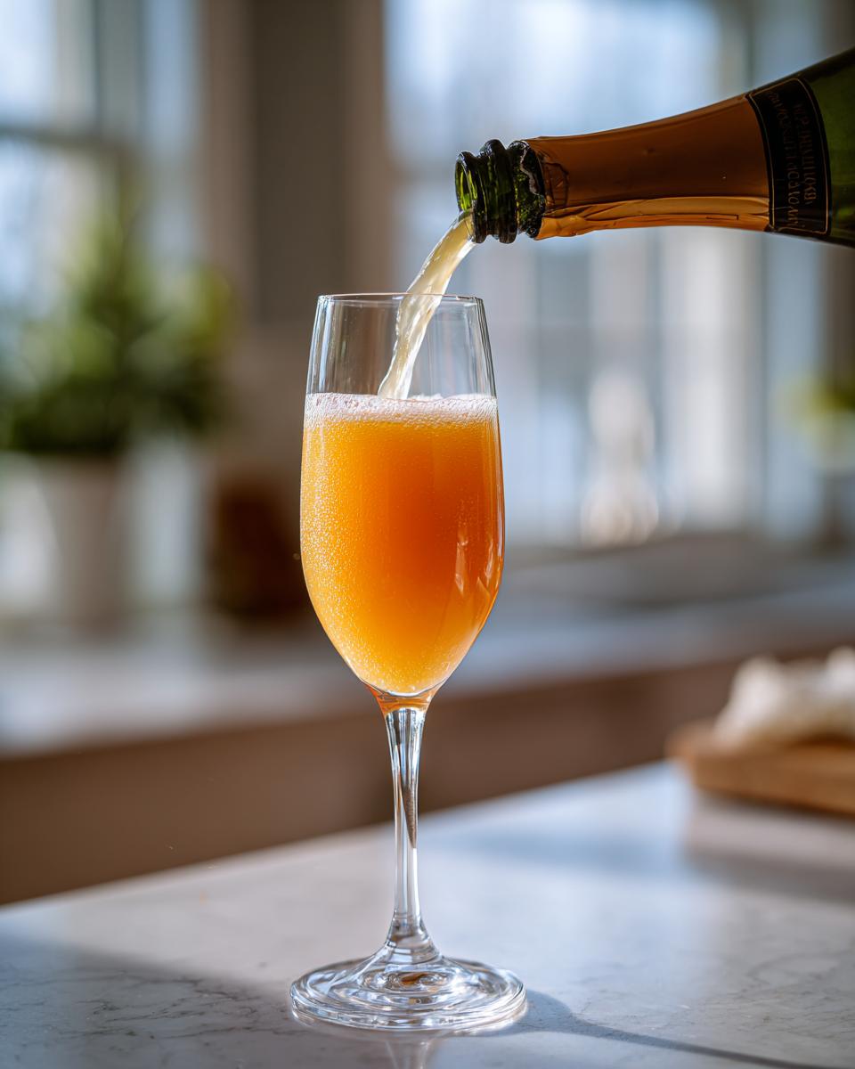 A New Year’s Eve Peach Bellini is being poured from a bottle into a champagne flute, creating bubbles.