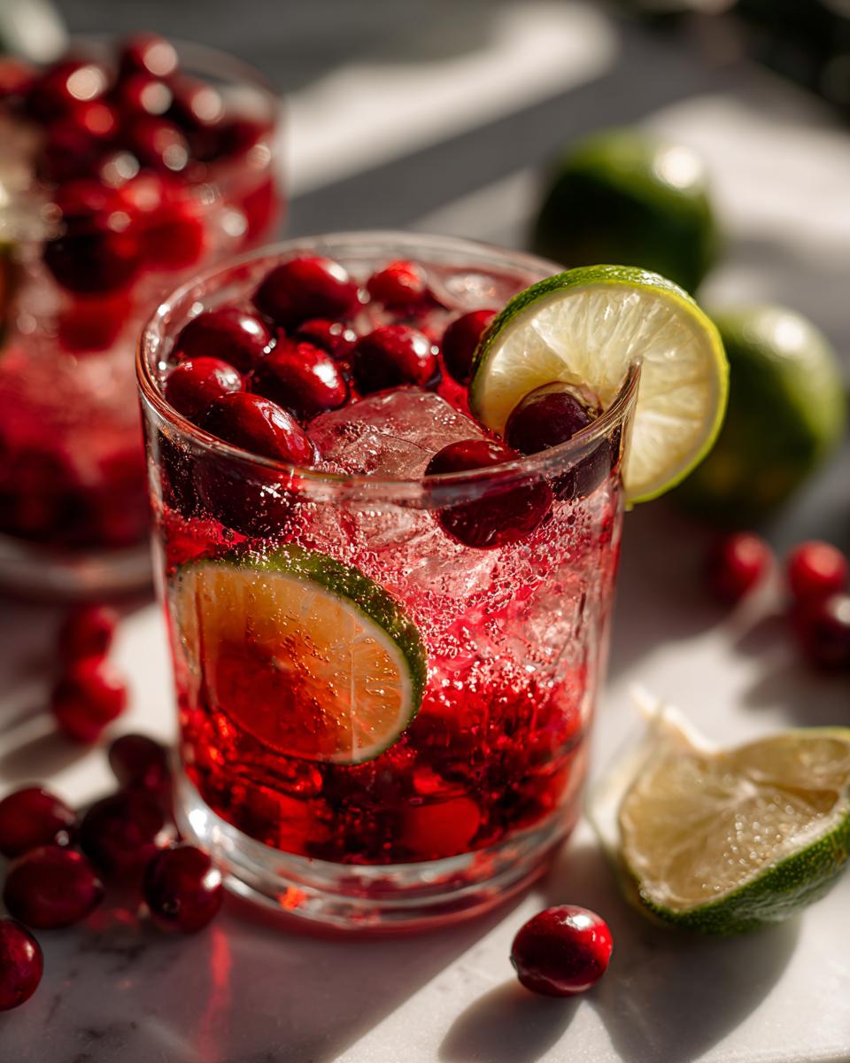 A refreshing New Year’s Eve Sparkling Cranberry Ginger Mocktail in a glass with fresh cranberries and lime slices.