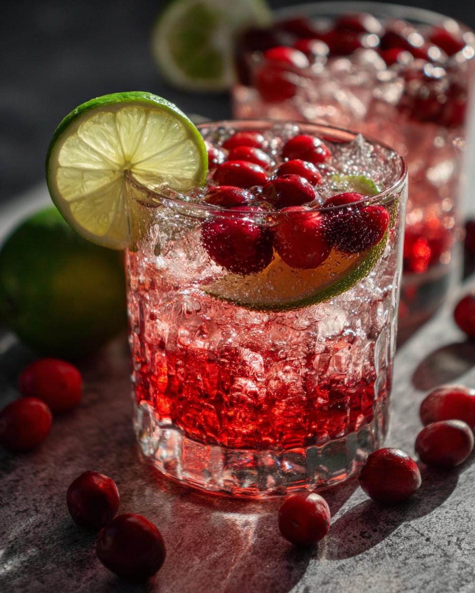 A refreshing New Year’s Eve Sparkling Cranberry Ginger Mocktail garnished with fresh cranberries and lime.
