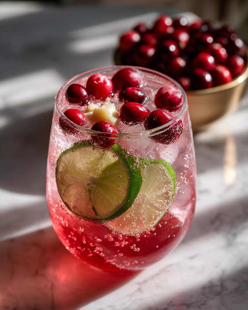 A refreshing New Year's Eve Sparkling Cranberry Ginger Mocktail garnished with cranberries, lime slices, and ginger.