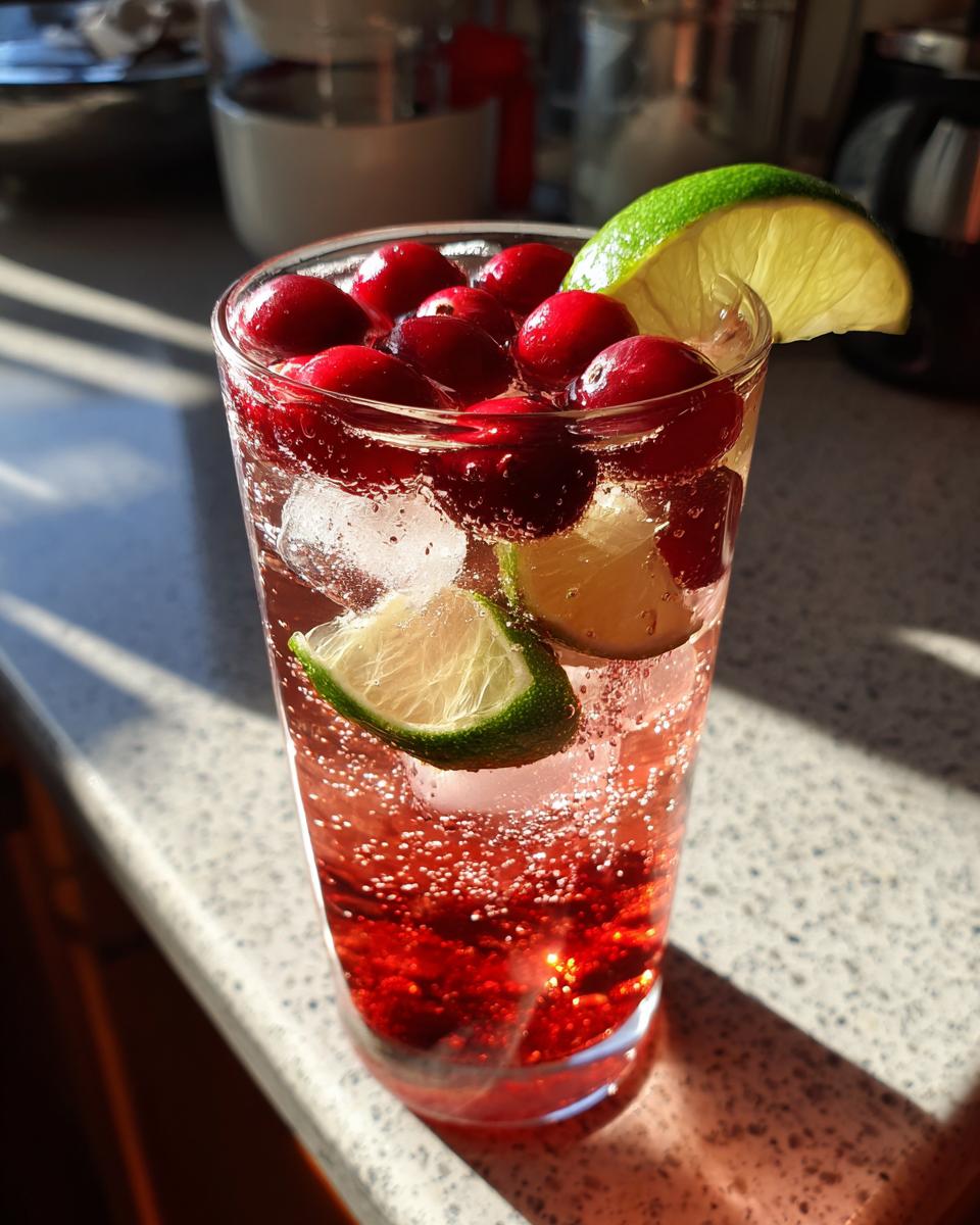 A refreshing New Year’s Eve Sparkling Cranberry Ginger Mocktail with cranberries, lime slices, and ice, garnished with lime.