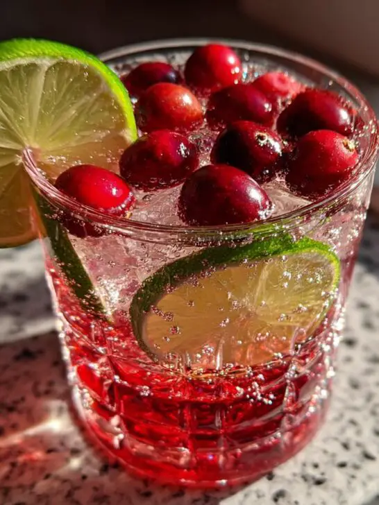 A festive New Year's Eve Sparkling Cranberry Ginger Mocktail garnished with fresh cranberries and lime slices.