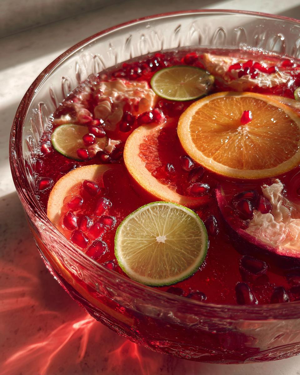 Close-up of a crystal bowl filled with New Year’s Eve Sparkling Pomegranate Punch, garnished with orange slices, lime slices, and pomegranate seeds.