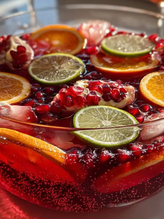 A close-up of a festive New Year’s Eve Sparkling Pomegranate Punch in a glass bowl, garnished with pomegranate seeds, orange slices, and lime slices.