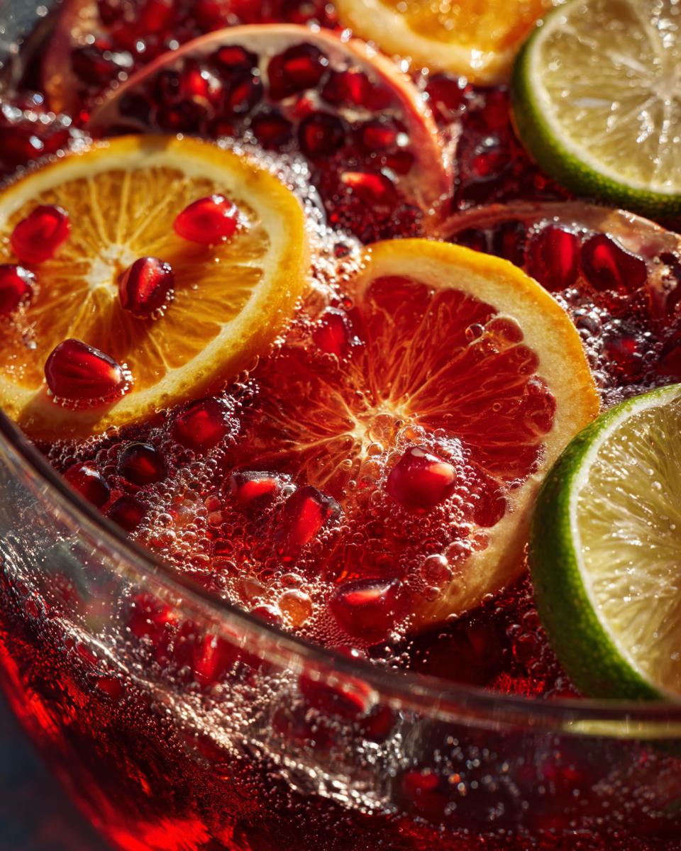 Close-up of New Year’s Eve Sparkling Pomegranate Punch with slices of orange, lime, and pomegranate seeds.