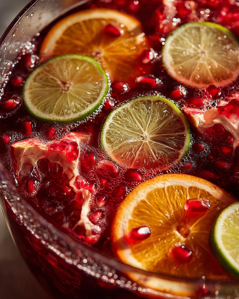 Close-up of New Year’s Eve Sparkling Pomegranate Punch with fresh pomegranate seeds, orange slices, and lime rounds.
