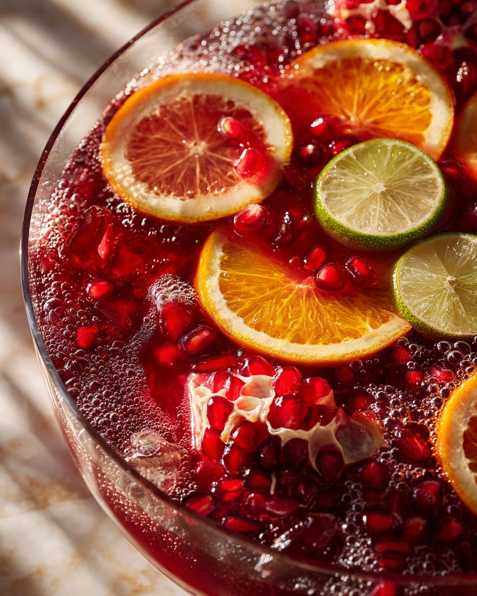 Close-up of a festive New Year’s Eve Sparkling Pomegranate Punch in a glass bowl, garnished with citrus slices and pomegranate seeds.