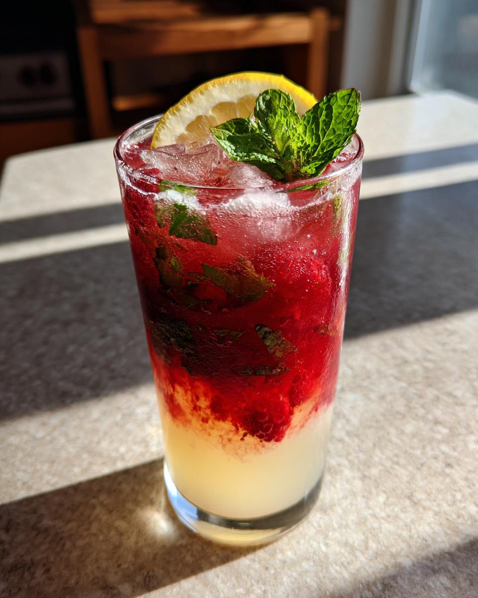 A refreshing New Year’s Eve Sparkling Raspberry Lemonade with muddled raspberries, mint, and a lemon slice.