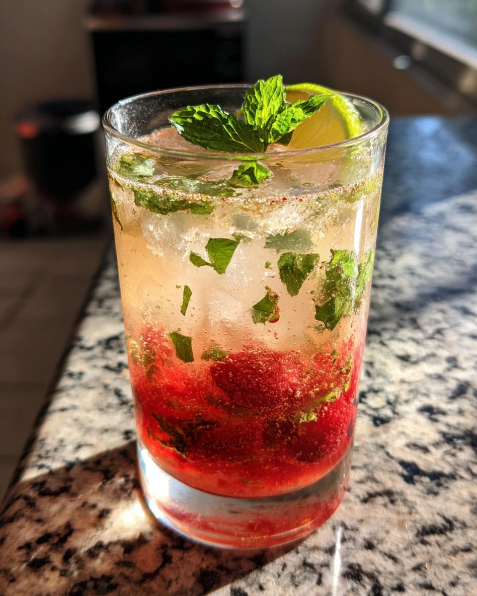 A refreshing New Year’s Eve Sparkling Raspberry Lemonade with fresh raspberries, mint, and a lime wedge.