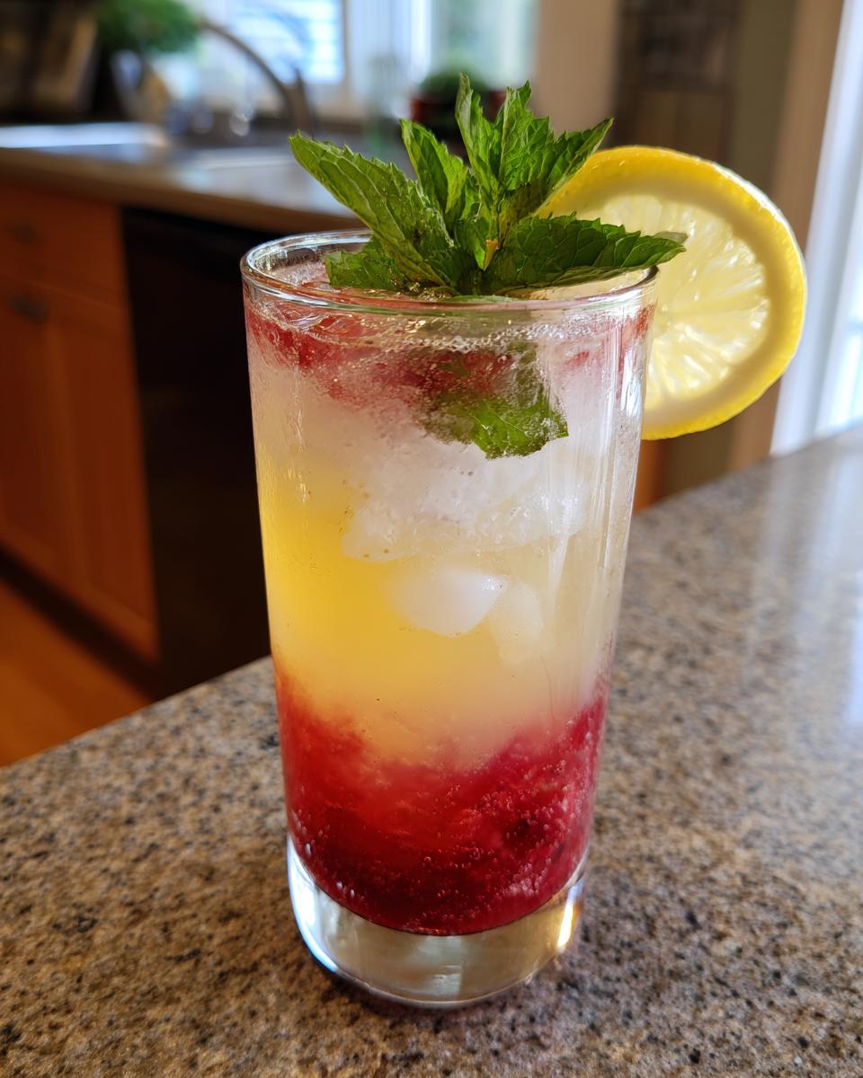 A refreshing New Year’s Eve Sparkling Raspberry Lemonade with ice, raspberries, mint, and a lemon slice.