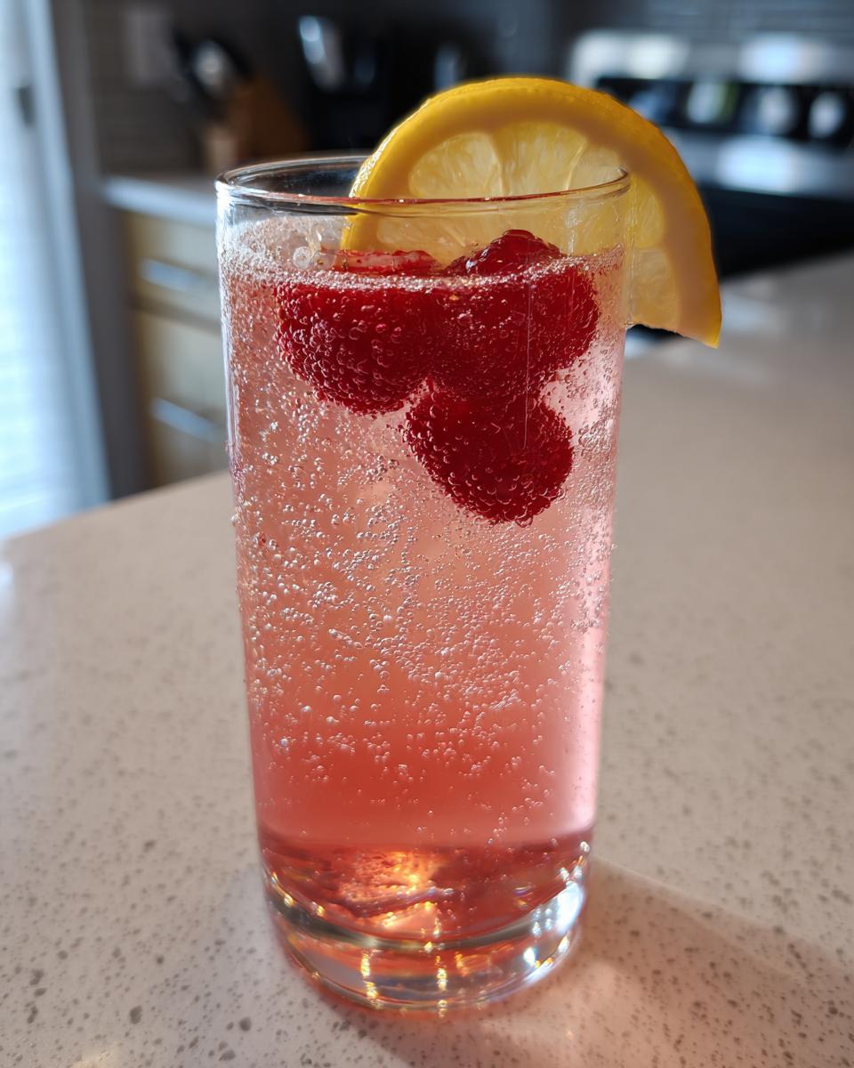 A tall glass filled with sparkling raspberry lemonade, garnished with fresh raspberries and a lemon slice.