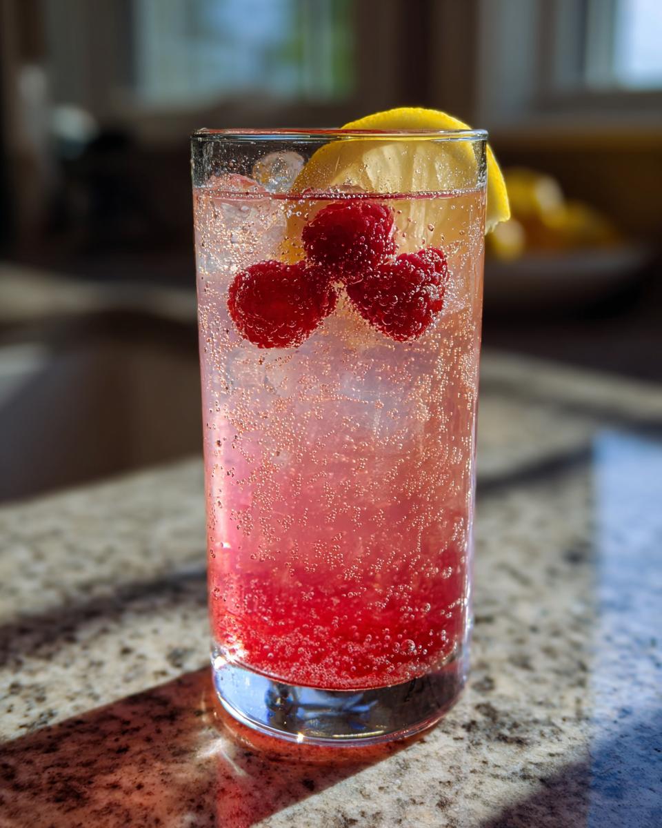 A tall glass filled with Sparkling Raspberry Lemonade, garnished with fresh raspberries and a lemon slice.