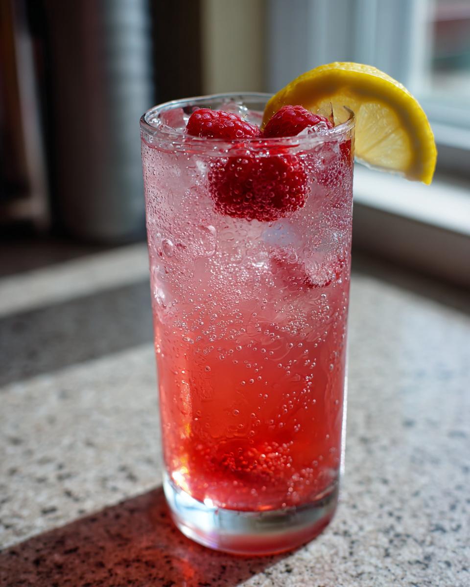 A refreshing glass of Sparkling Raspberry Lemonade filled with ice, fresh raspberries, and a lemon slice garnish.