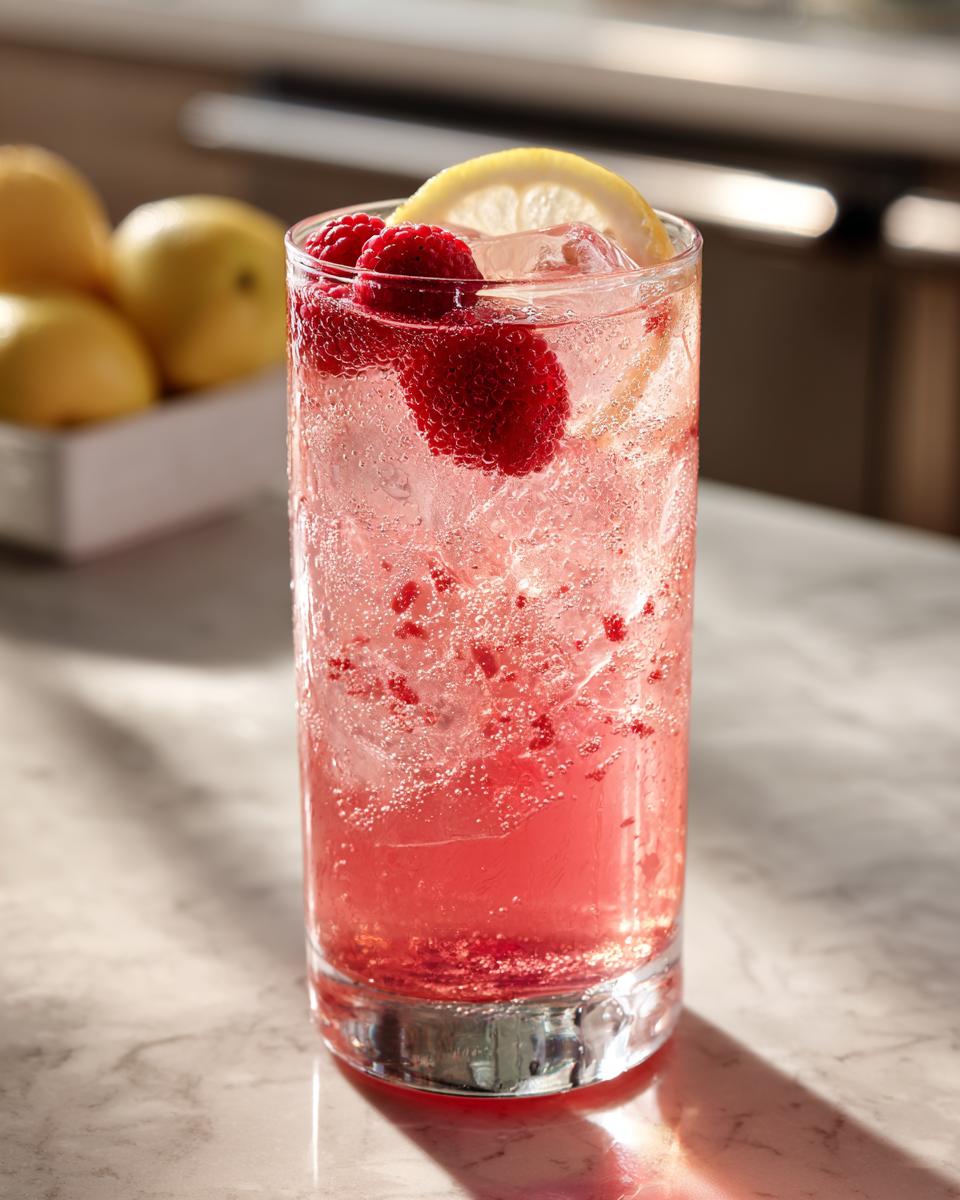 A tall glass filled with bubbly Sparkling Raspberry Lemonade, garnished with fresh raspberries and a lemon slice.