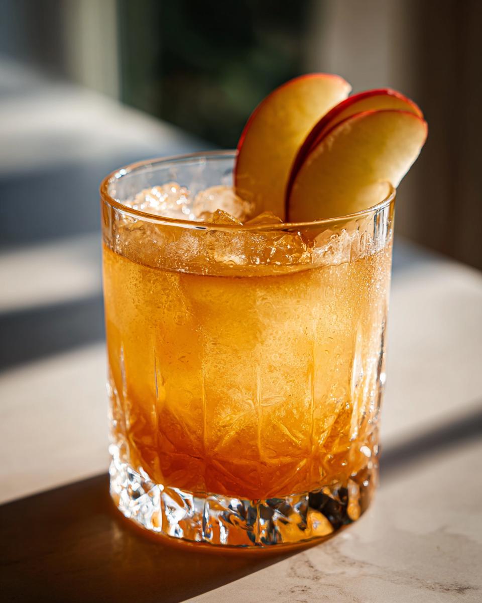 A refreshing Thanksgiving Apple Butter Whiskey Sour cocktail served over ice and garnished with apple slices.