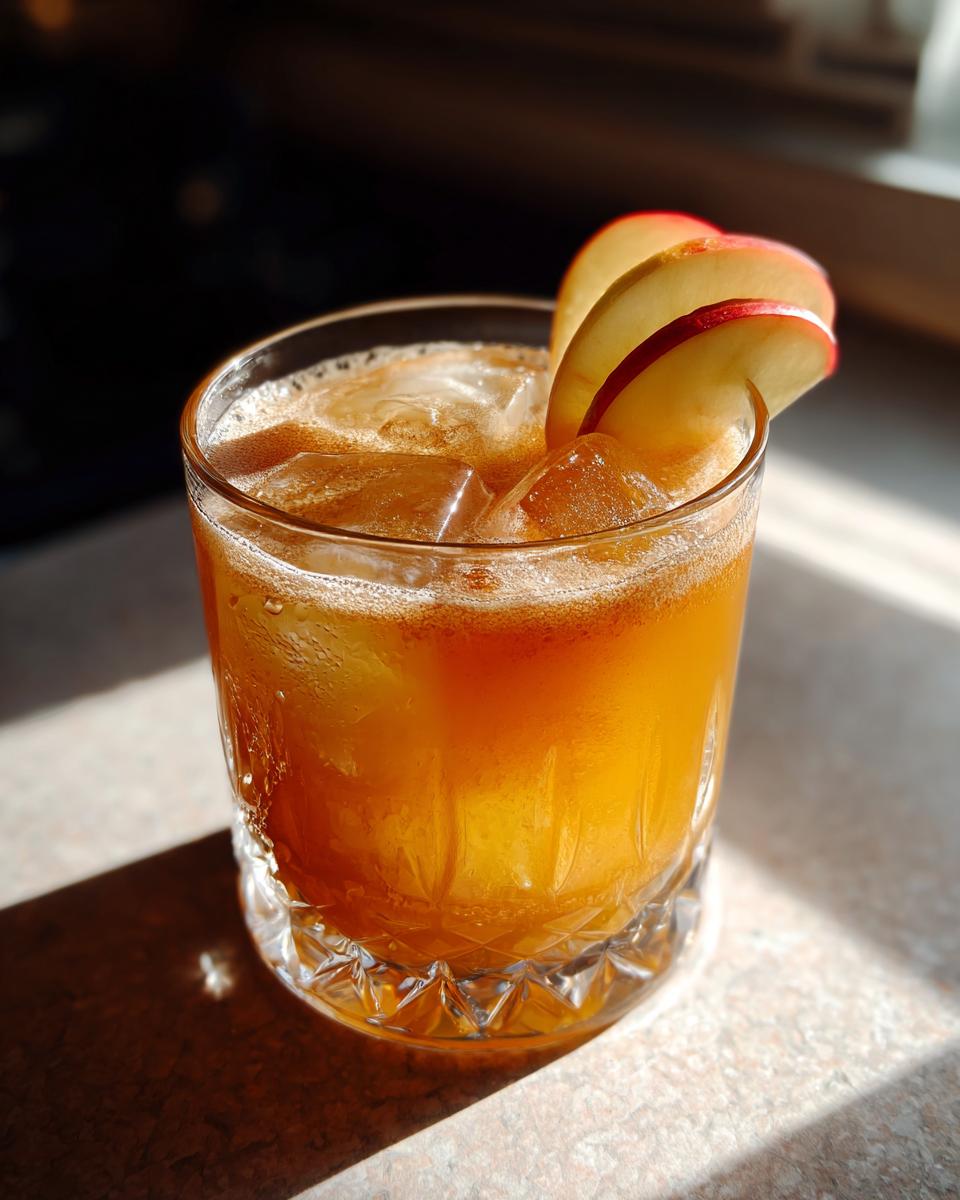 A refreshing Thanksgiving Apple Butter Whiskey Sour cocktail with apple slices and ice in a glass.