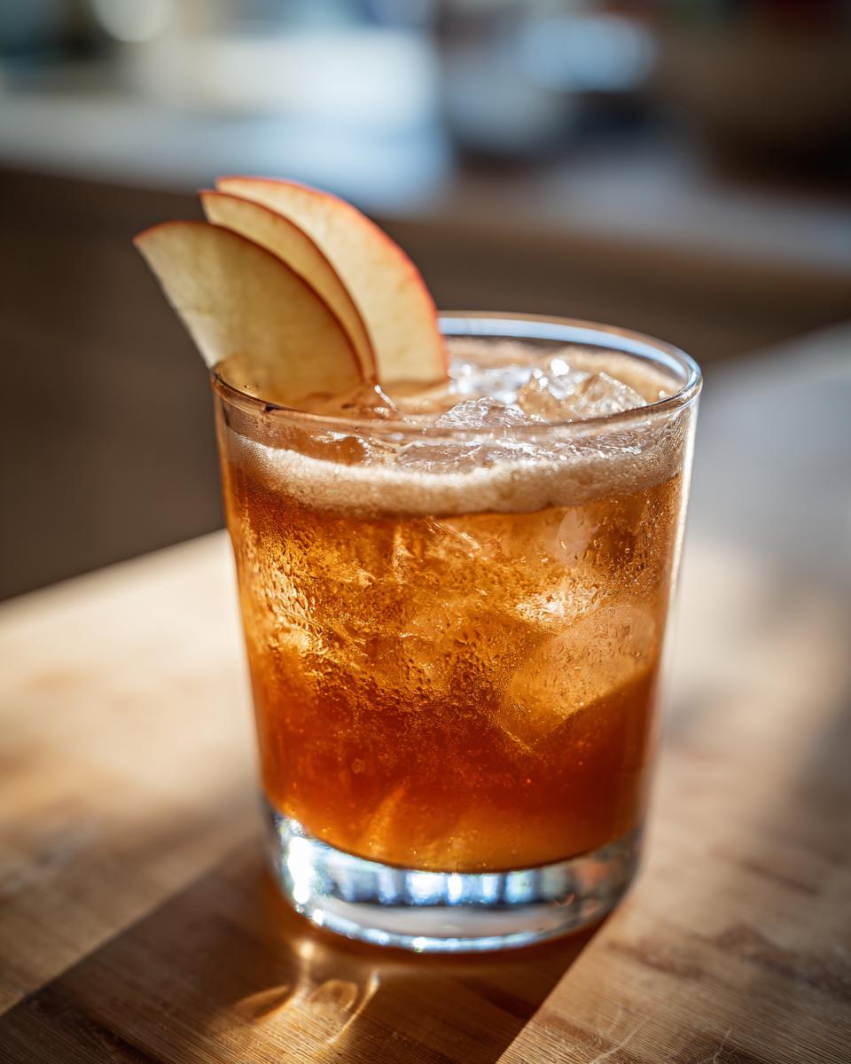 A refreshing Thanksgiving Apple Butter Whiskey Sour cocktail in a glass, garnished with apple slices and filled with ice.
